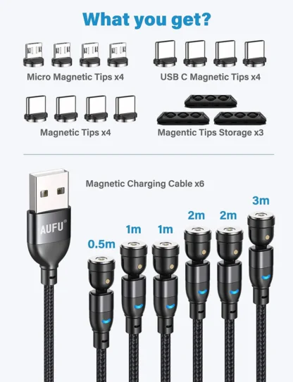 Kuus magnetilist laadimiskaablit komplektis + 4 x USB C otsik ja 4 x Micro USB otsik - Image 2