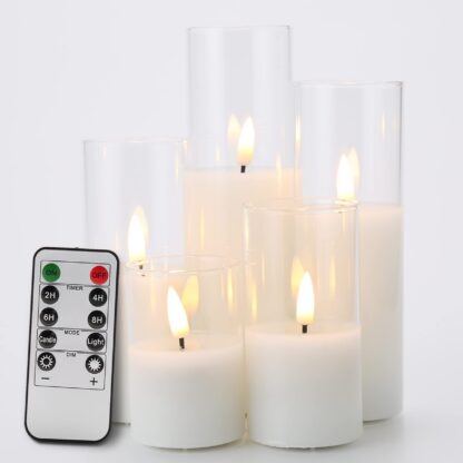LED küünlad, läbipaistvate klaasidega (läbimõõt 5 cm, kõrgused 7-14 cm, 5 tk)