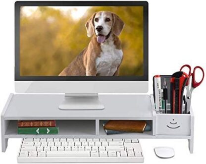 Puidust monitori alus koos riiuliga