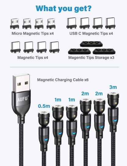 Magnetilised laadimiskaablid (6 tk, 0.5-3m), mustad, micro USB ja USB C otstega - Image 3