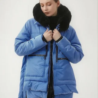 Sinine soe karvase kraega talveparka naistele, suurus L (rinnaümbermõõt 122 cm)