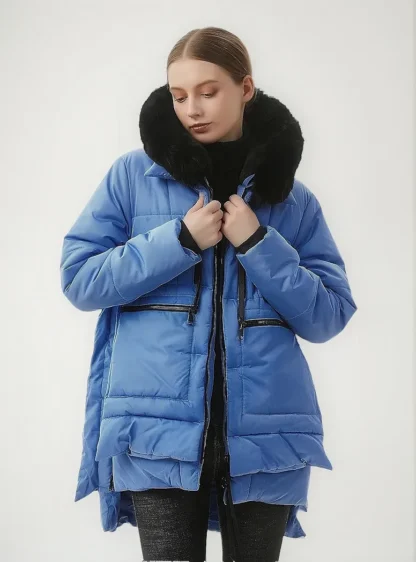 Sinine soe karvase kraega talveparka naistele, suurus M (rü 93 cm)