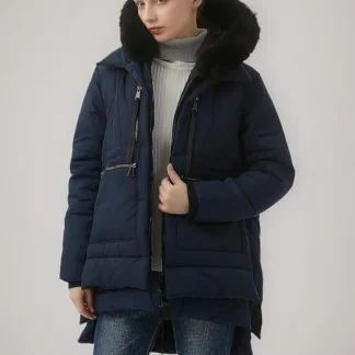 Tumesinine soe karvase kraega talveparka naistele, suurus M (rü 93 cm)