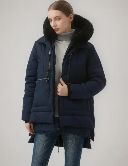 Tumesinine soe karvase kraega talveparka naistele, suurus M (rü 93 cm)