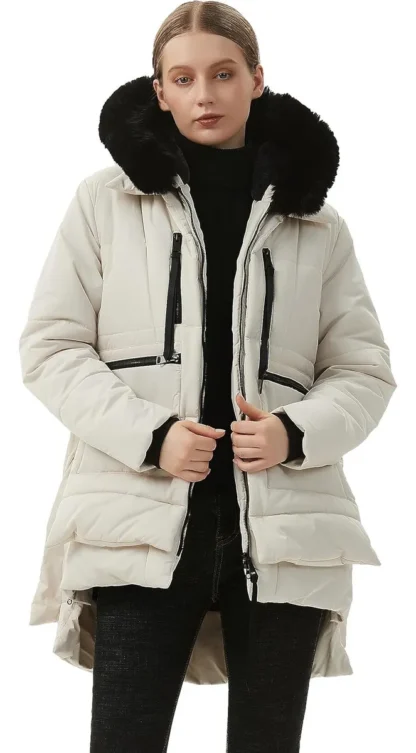 Kreemjasvalge soe karvase kraega talveparka naistele, suurus XL (rü 130 cm) - Image 3