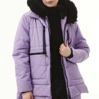 Lilla soe karvase kraega talveparka naistele, suurus M (rü 93 cm)