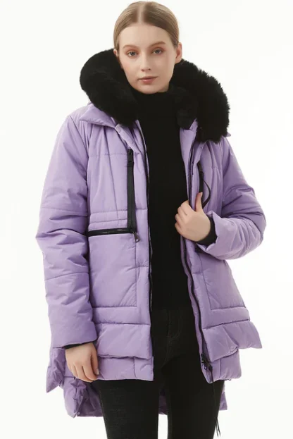 Lilla soe karvase kraega talveparka naistele, suurus M (rü 93 cm)