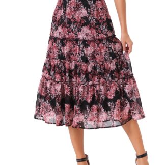 A-lõikeline šifoonist maksiseelik, lilleline, must-roosa (s. XS)