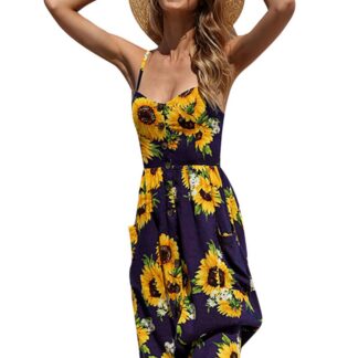 Naiste suvekleit, õlapaeltega, tumesinine päevalilledega (s. L)