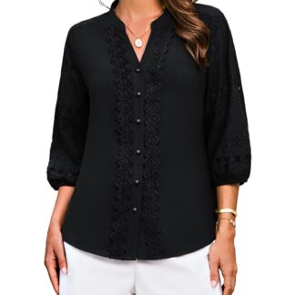 Naiste puuvillane V-kaelusega pluus, pitsiline, 3/4 varrukatega, must (s. S)