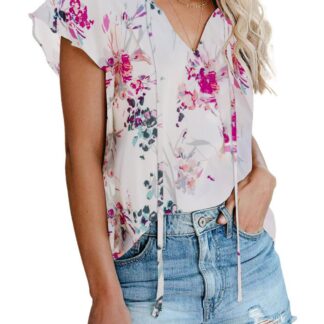 Naiste šifoonpluus, V-kaelusega, lühikeste varrukatega, lilla lilleline (M)