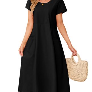 Naiste puuvillane suvekleit, lühikeste varrukatega, taskutega, must (s. M)