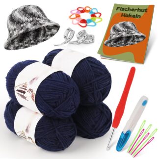 Heegeldamiskomplekt algajatele, sinise mütsi heegeldamiseks, kaasas 4 lõnga, heegelnõelad jms
