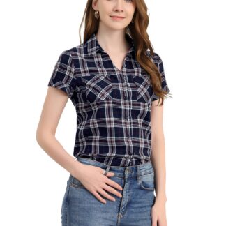 Ruuduline särkpluus, lühikeste varrukatega, taskutega, tumesinine (s. XS)