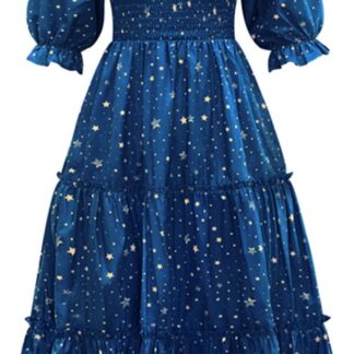 Naiste kaelapaelaga puhvvarrukatega kleit, lilleline, tumesinine (s. M, 36)