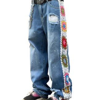 Meeste kulutatud hip-hop teksapüksid, laiade säärtega, lillelise heegelmustriga, sinised (s. M)