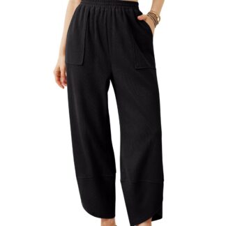Naiste vabaaja suvepüksid, laiade säärtega, veniva vööga, must (S)