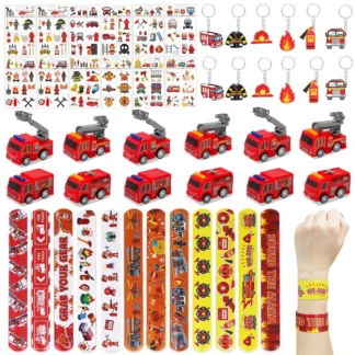 Tuletõrjeteemaline komplekt - 12 autot, 12 käevõru, 12 lehte kleepse, 12 võtmehoidjat