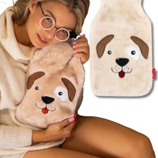 Lõbus kuumaveepudel-soojakott koeraga, karvase kattega