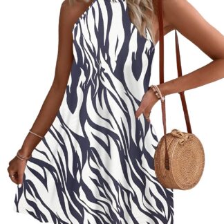 Naiste lühike suvekleit, lehemuster, sinivalge (s. S)