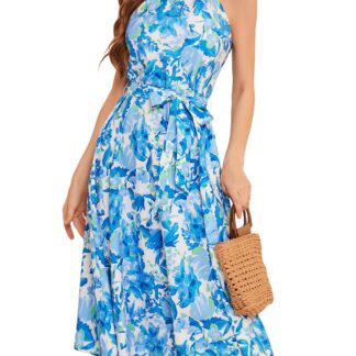 Naiste pikk suvekleit, kaelusega, sinise-rohelise lillemustriga (s. M)