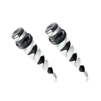 Klaasist kõrva venituskaunistused, valge-must (2tk, 12mm)