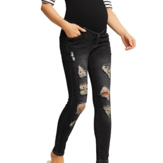 Naiste venivad teksapüksid, kõrge vöökohaga, narmastega, must (s. L), sobib rasedale