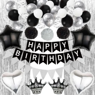 Musta ja valgega õhupallid ja sünnipäevabänner